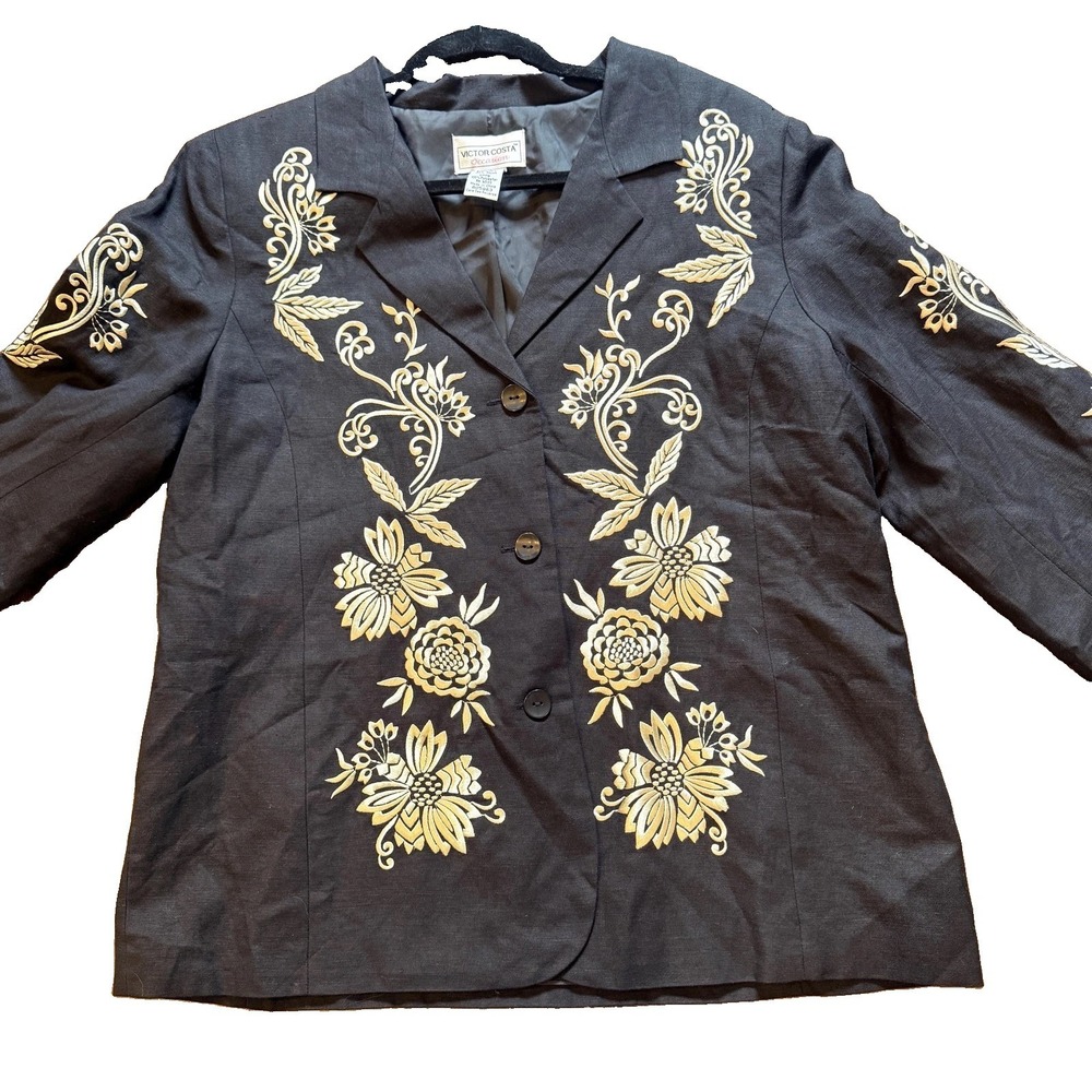 Victor Costa Occasion Blazer Womens Large Black Linen Rayon Floral Embroidered